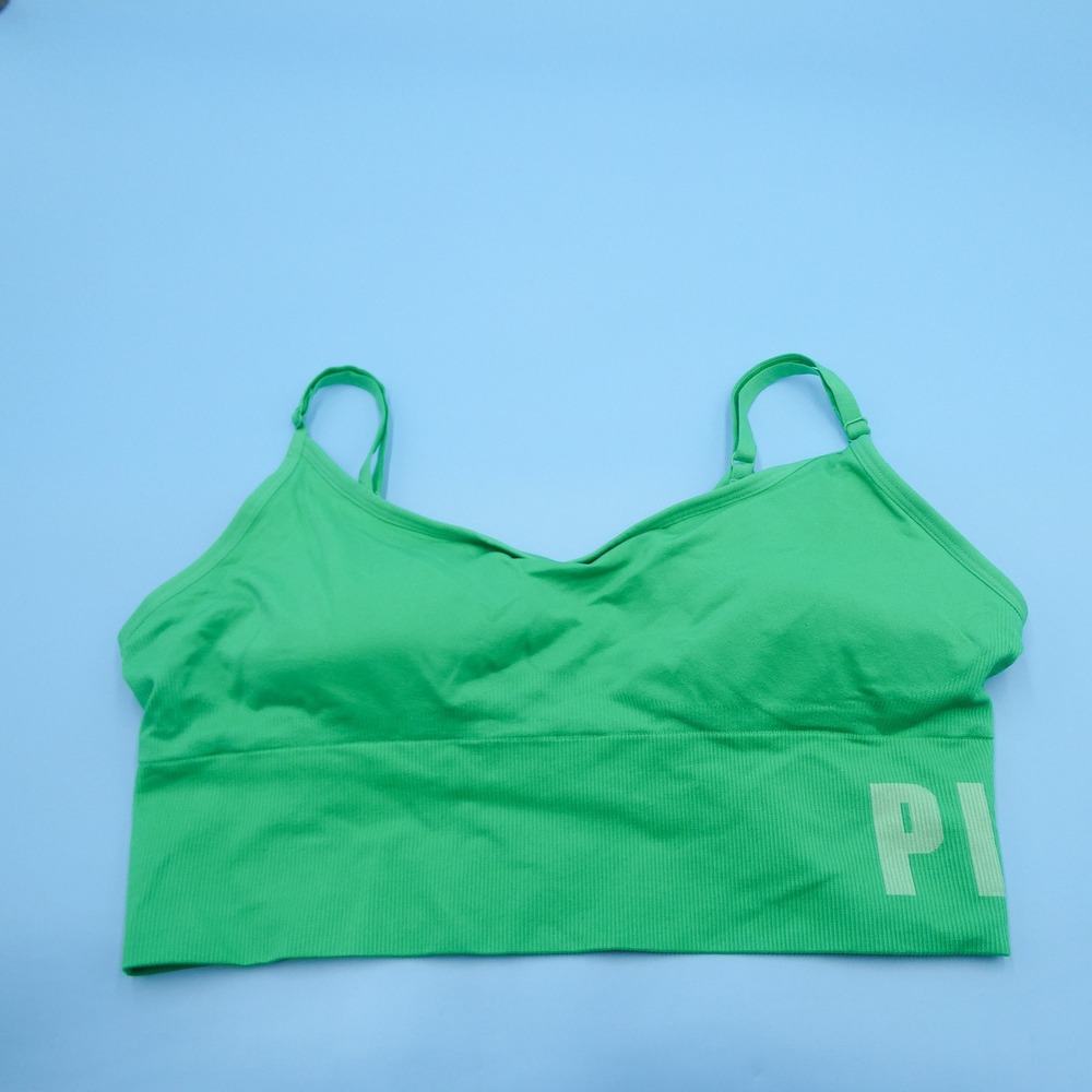 PINK Sports Bra Women XXL Seamless Lightly Lined Green Ribbed Activewear Nylon